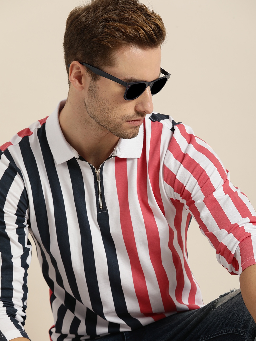 

Moda Rapido Men Navy Blue & Coral Striped Polo Collar Pure Cotton T-shirt