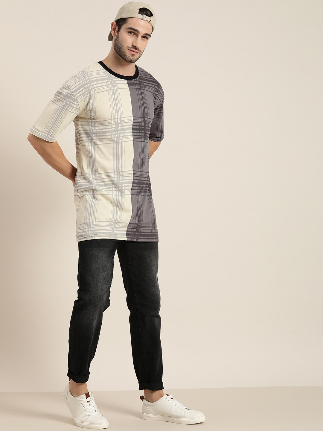 

Moda Rapido Men Longline Beige & Grey Checked Pure Cotton T-shirt