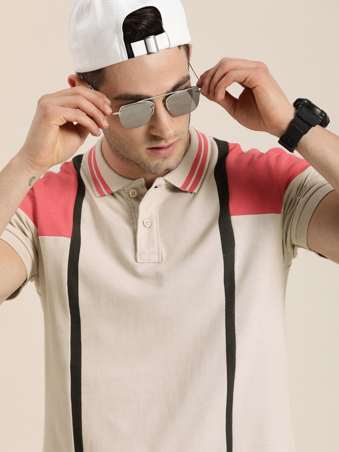 

Moda Rapido Men Dusty Pink & Coral Colourblocked Polo Collar Pure Cotton Casual T-shirt