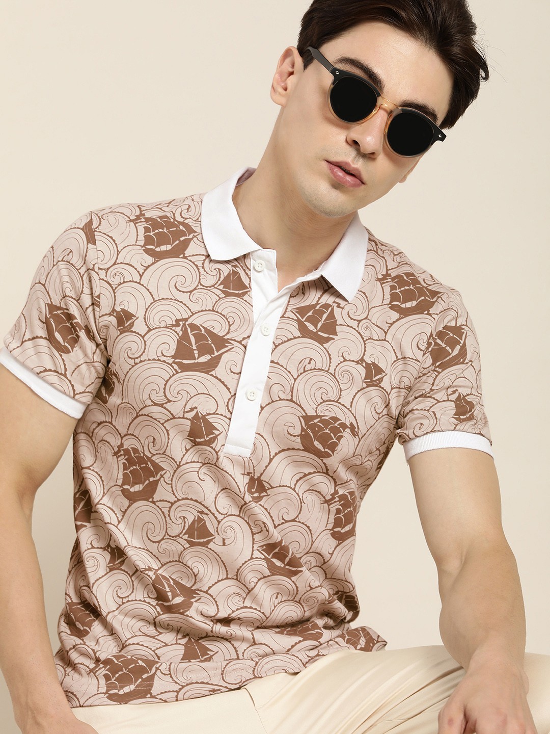 

Moda Rapido Men Beige & Brown Printed Polo Collar T-shirt