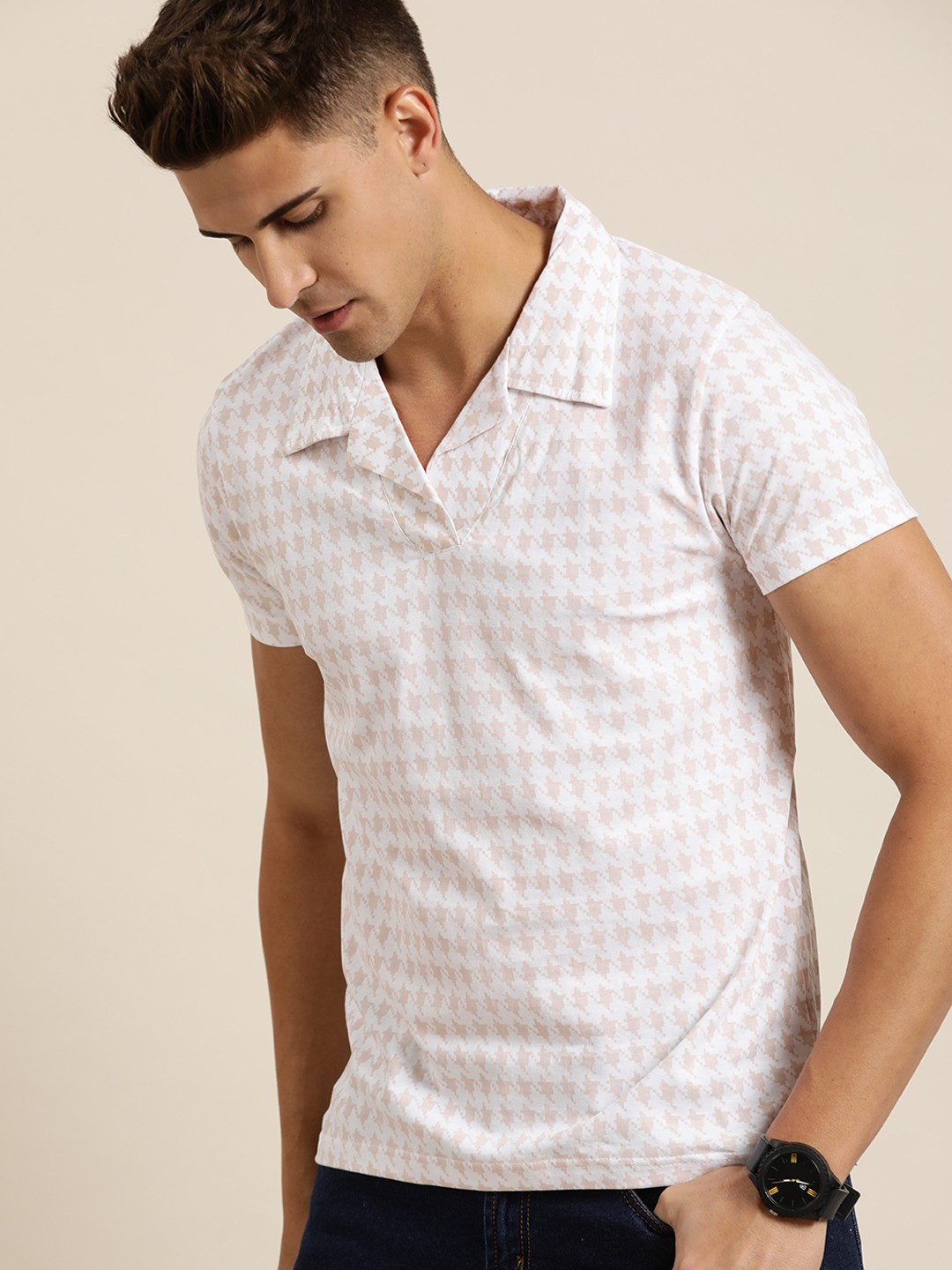 

Moda Rapido Men White & Beige Printed Polo Collar Pure Cotton T-shirt