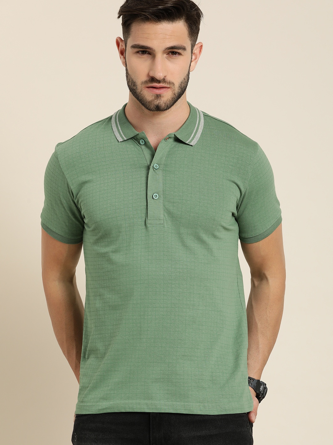 

Moda Rapido Men Granite Green Self-Design Polo Collar Pure Cotton T-shirt