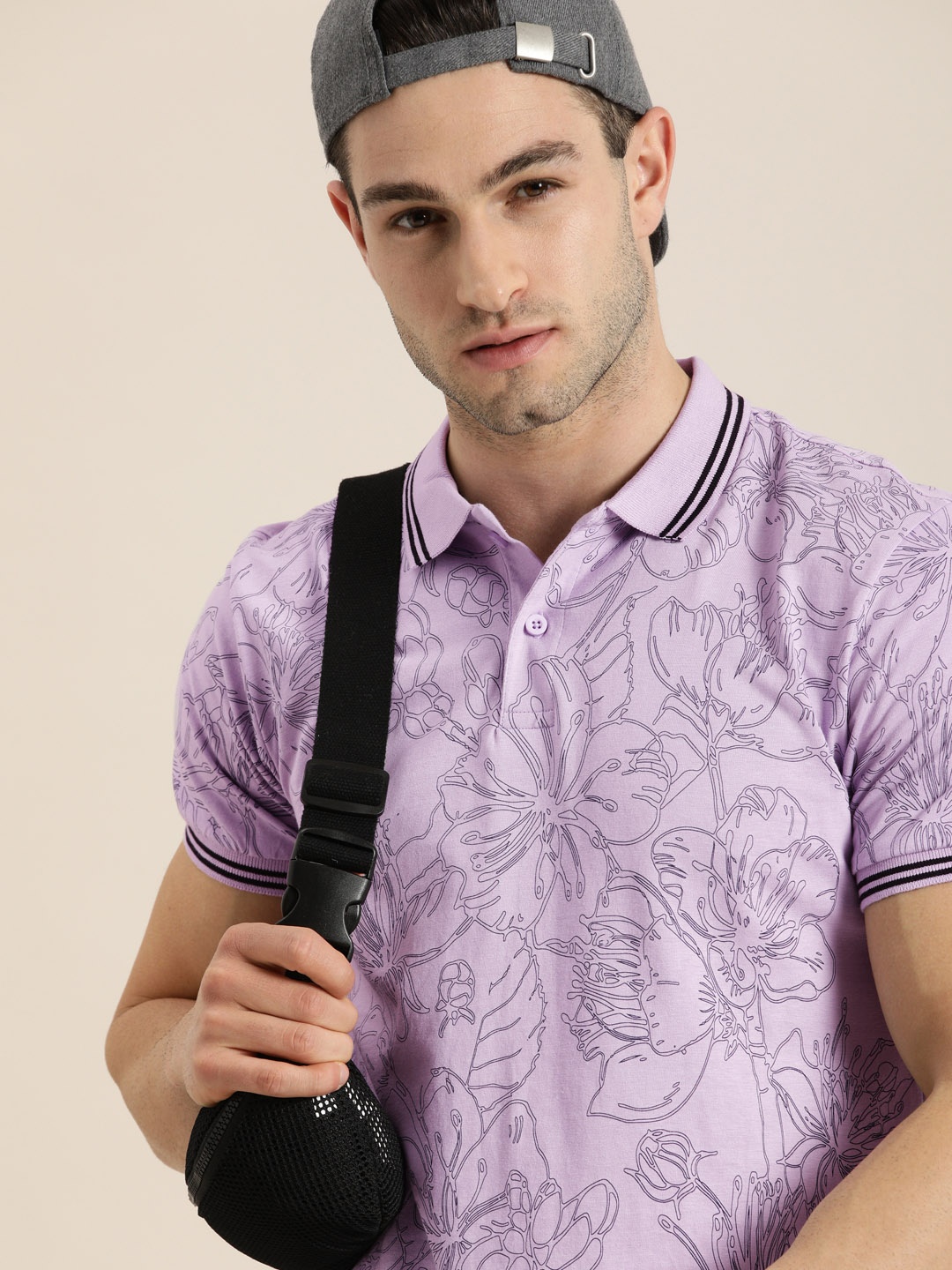 

Moda Rapido Men Lavender Printed Polo Collar Pure Cotton Casual T-shirt