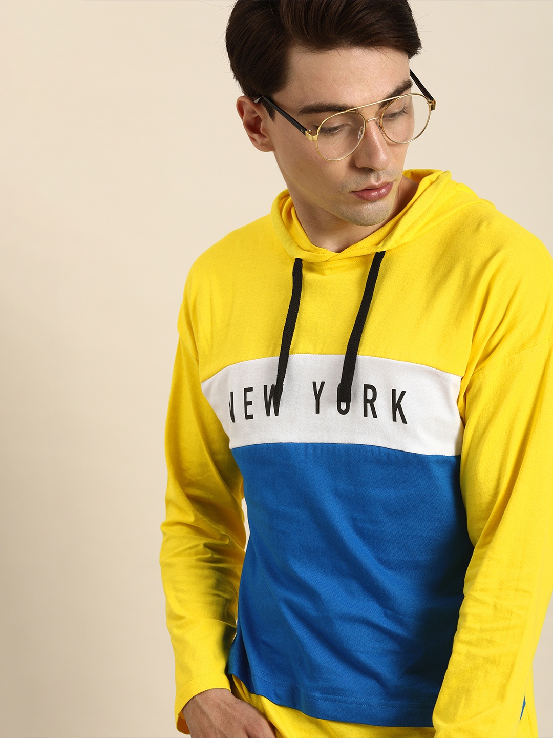 

Moda Rapido Men Yellow & Blue Colourblocked Drop-Shoulder Sleeves T-shirt