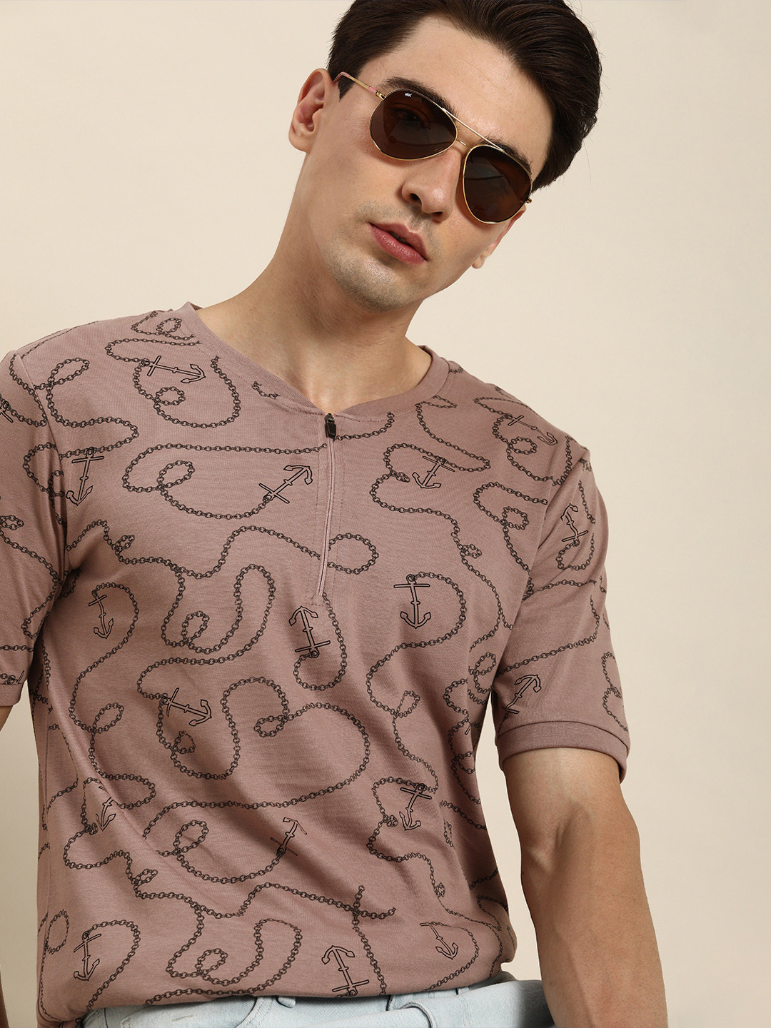 

Moda Rapido Men Nude Pink-Coloured Abstract Printed Pure Cotton Casual T-shirt