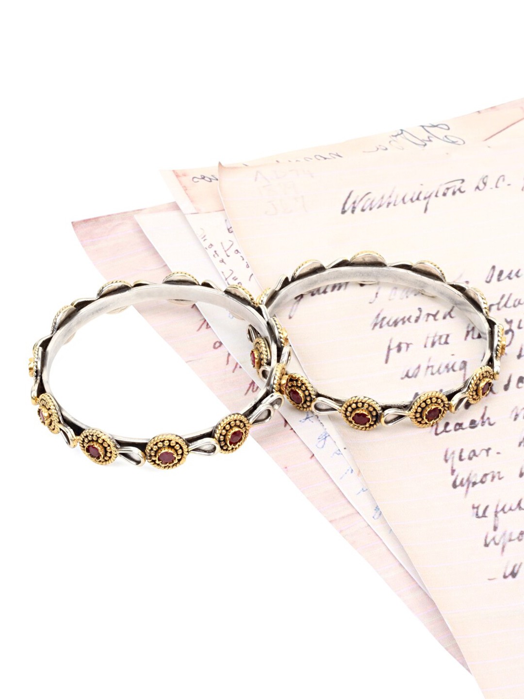 

SANGEETA BOOCHRA Women 2 Silver-Toned & Gold-Toned Silver Cubic Zirconia Handcrafted Bangle-Style Bracelet