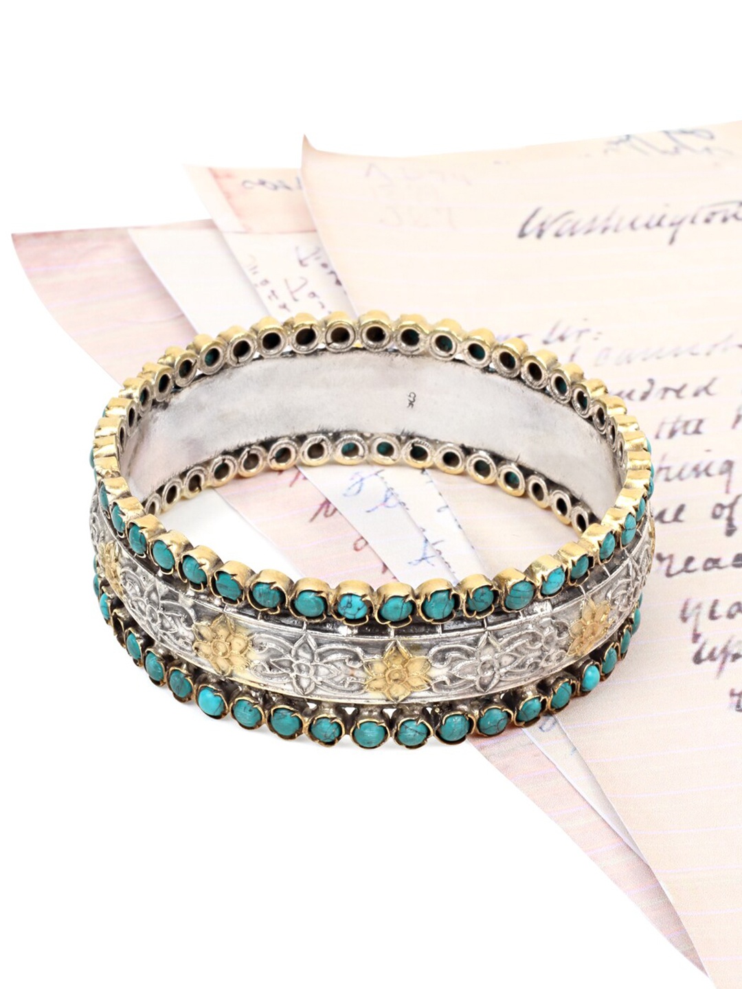 

SANGEETA BOOCHRA Women Silver-Toned & Gold-Toned Silver Turquoise Handcrafted Bangle-Style Bracelet