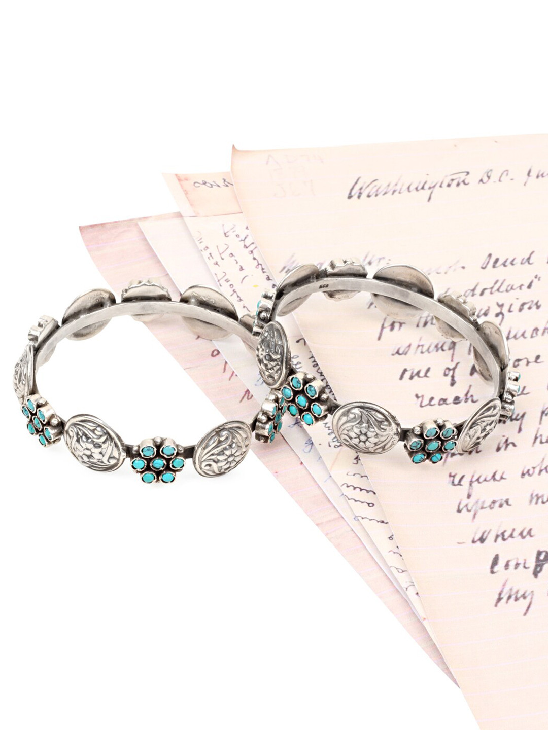 

SANGEETA BOOCHRA Women 2 Silver-Toned & Turquoise Blue Silver Turquoise Handcrafted Bangle-Style Bracelet