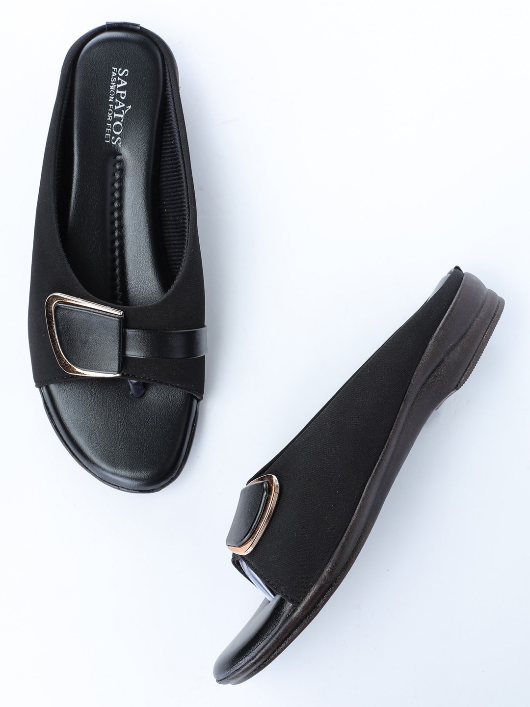 

SAPATOS Black & Gold-Toned Comfort Sandals With Buckles