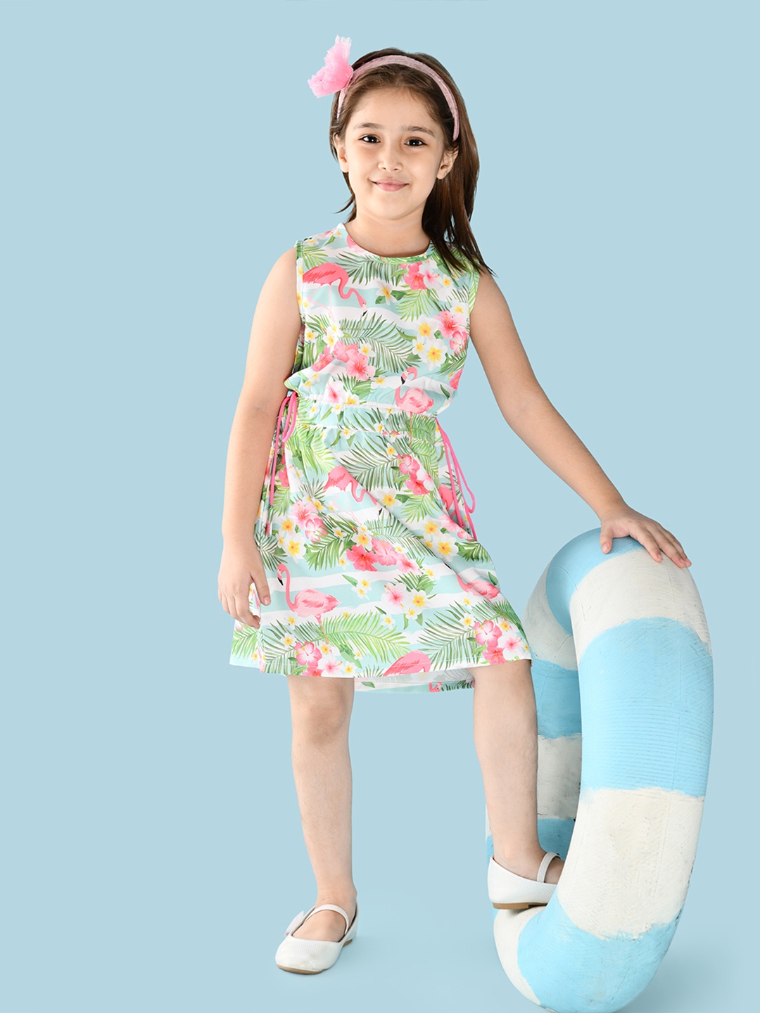 

LilPicks Green & Pink Floral Printed A-Line Cut Out Dress