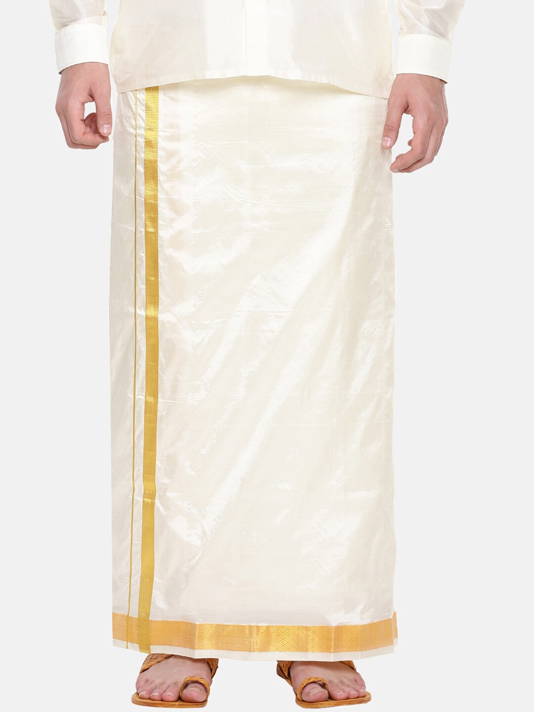 

Ramraj Men Cream & Gold Solid Pure Silk Dhoti