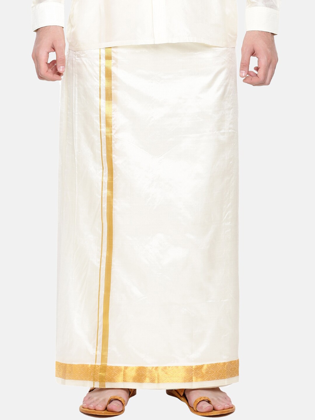 

Ramraj Mens Pure Silk Cream-Coloured Dhoti with gold zari Border