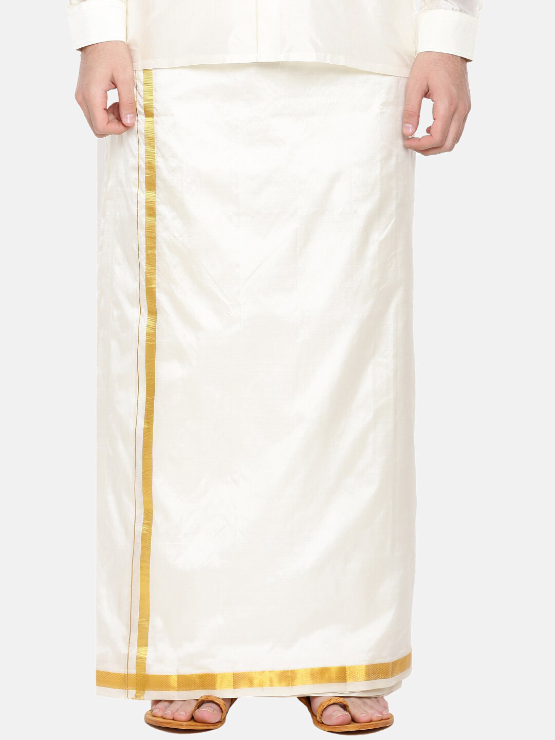 

Ramraj Mens Pure Silk Double Layer Cream-Coloured Dhoti with gold zari Border
