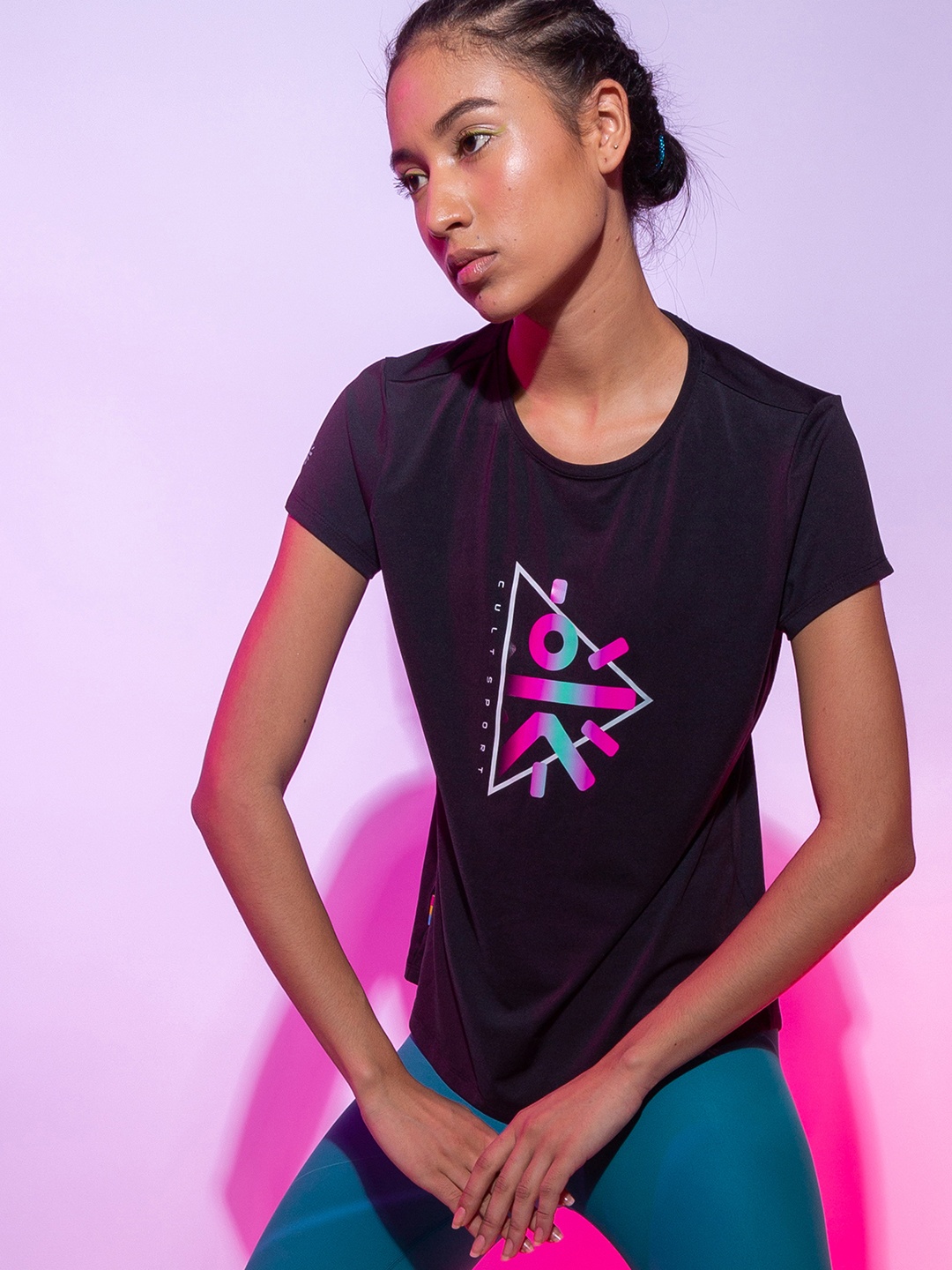 

Cultsport Women Black & Pink Printed Outdoor T-shirt