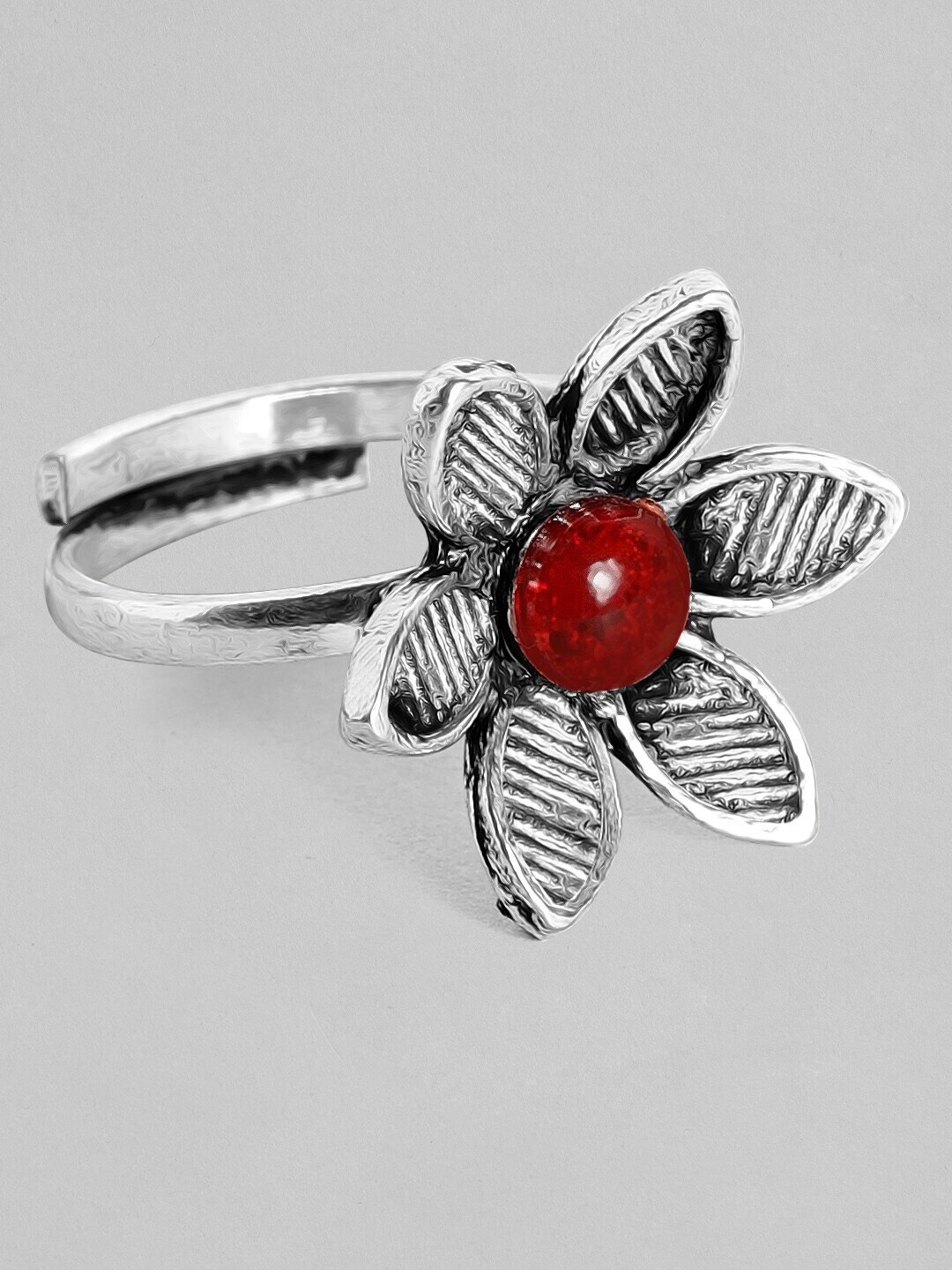 

Anouk Silver-Toned & Red Stone-Studded Handcrafted Adjustable Finger Ring