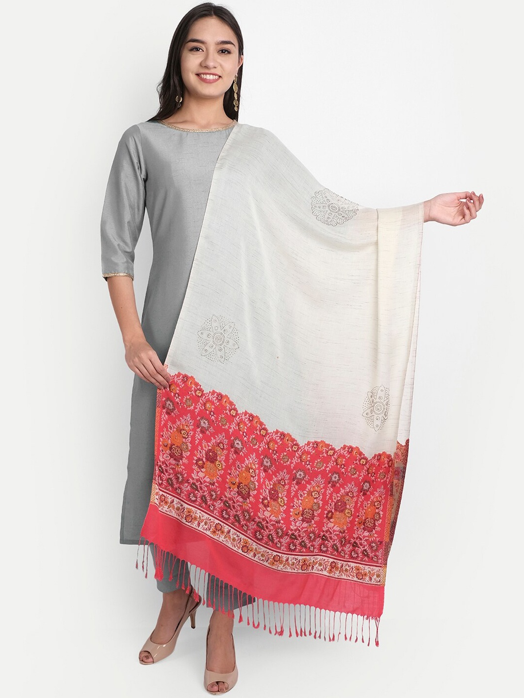 

HK colours of fashion Women Off White & Coral Pink Woven Design Shawl