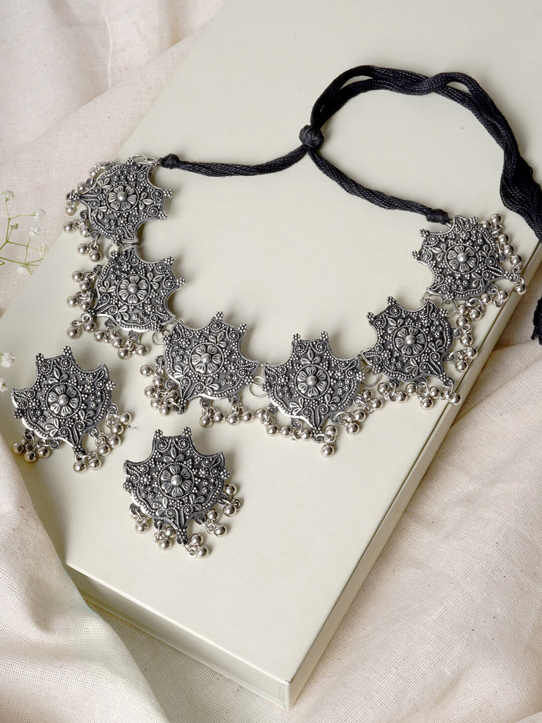 

TEEJH Oxidised Silver-Plated Choker Necklace Jewellery Set