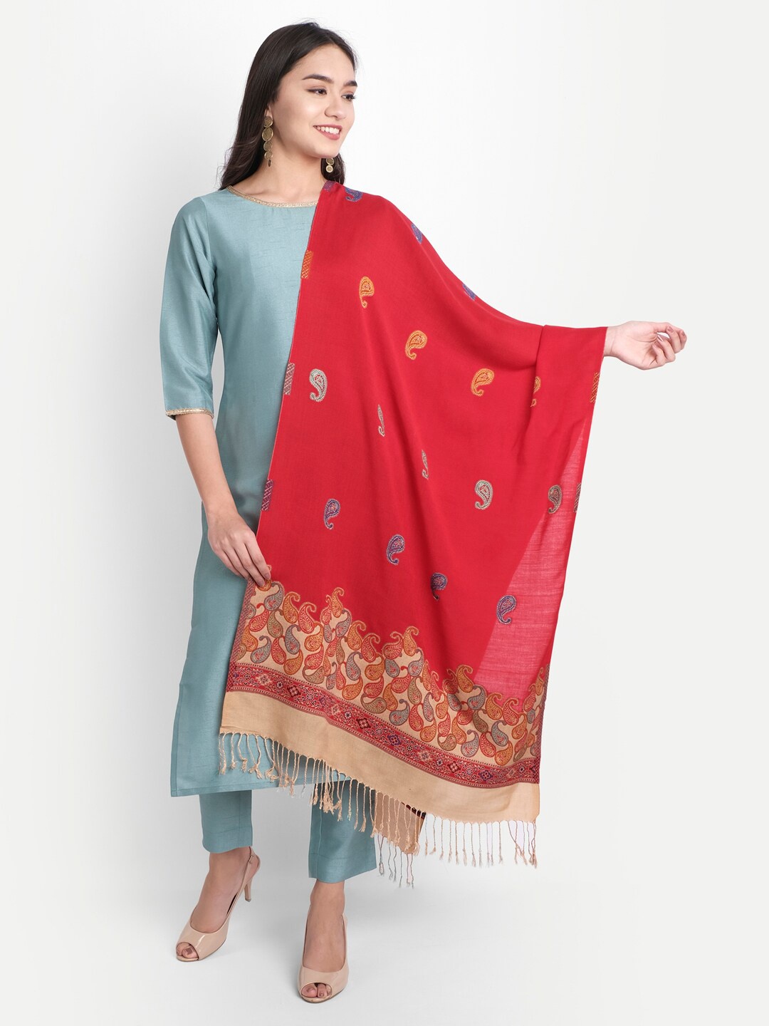 

HK colours of fashion Women Red & Yellow Ethnic Motifs Woven Design Stole
