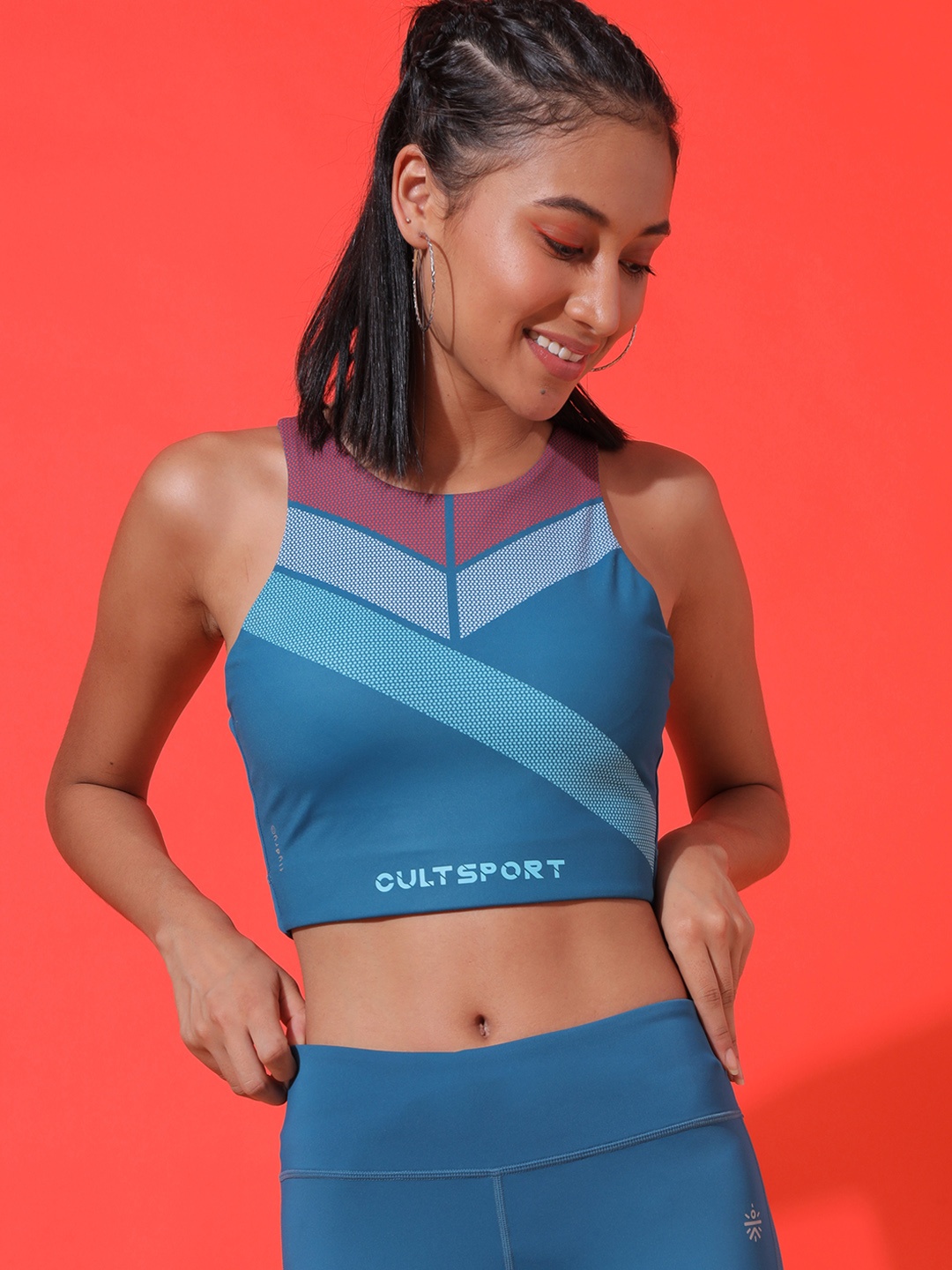 

CULT Teal Blue & Maroon Abstract Workout Bra 601053