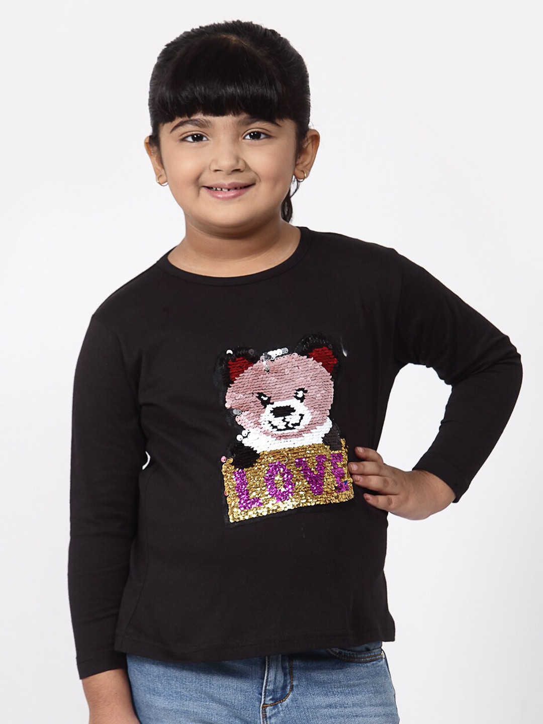 

NYNSH Girls Black Applique Pure Cotton T-shirt