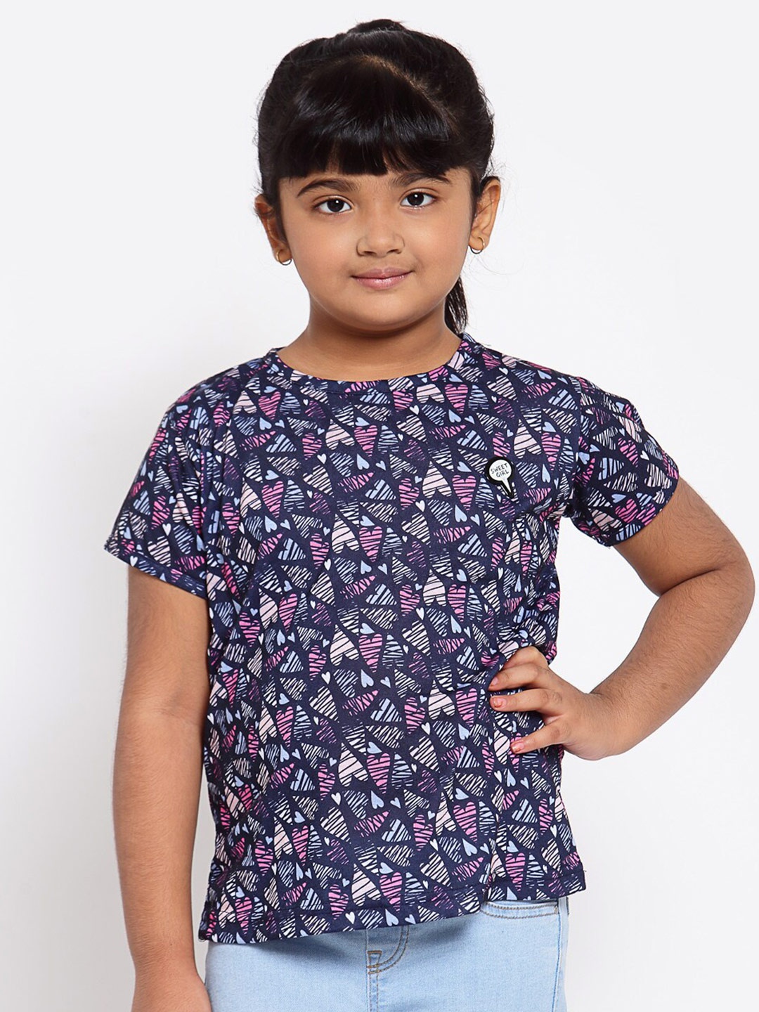 

NYNSH Girls Navy Blue Pink Printed Pure Cotton T-shirt