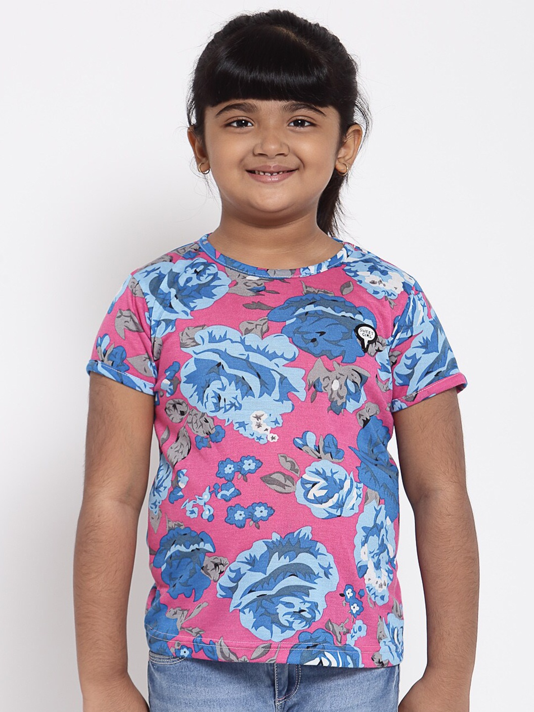 

NYNSH Girls Pink Blue Floral Printed Pure Cotton T-shirt