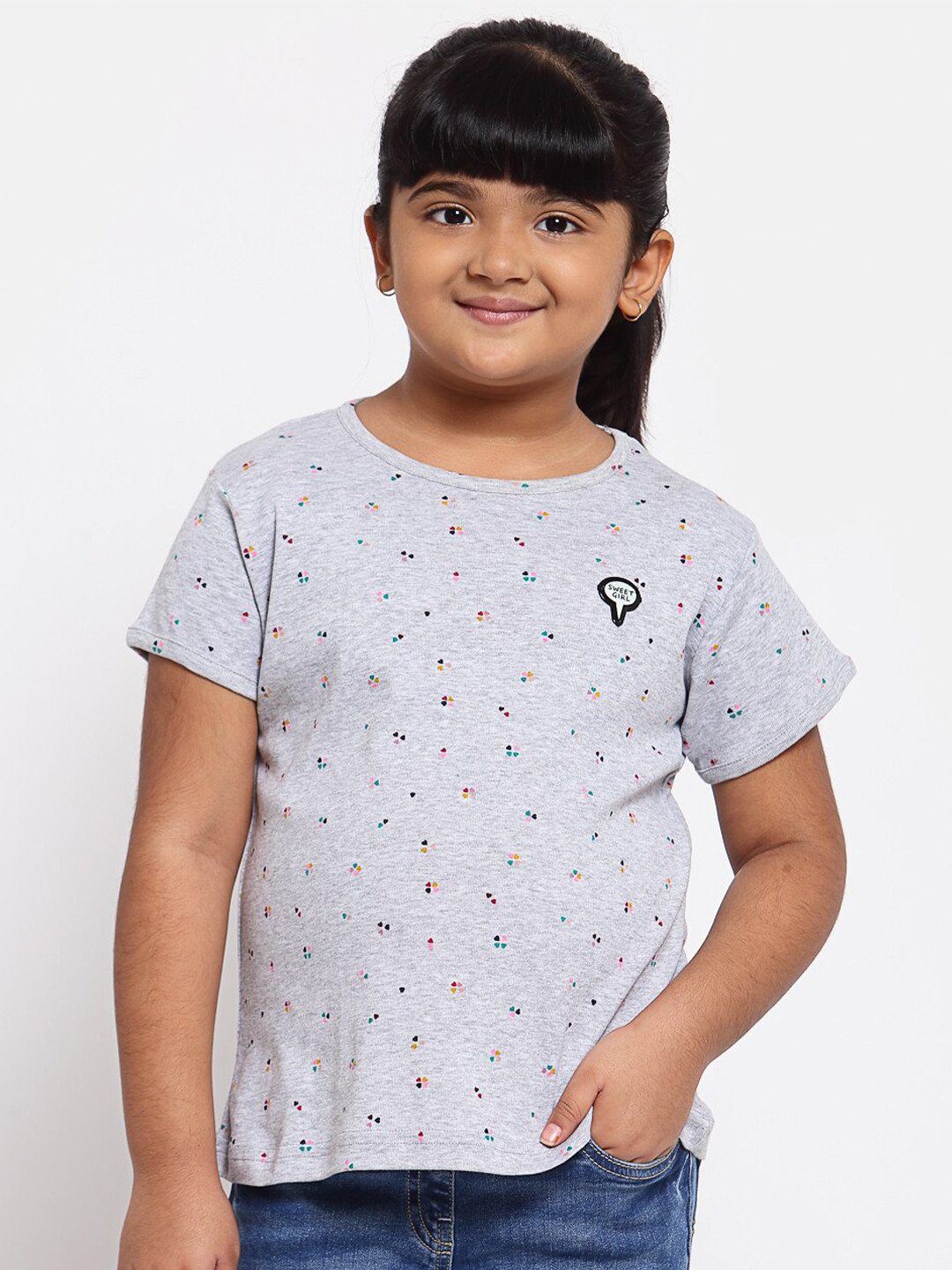 

NYNSH Girls Grey Printed Pure Cotton T-shirt