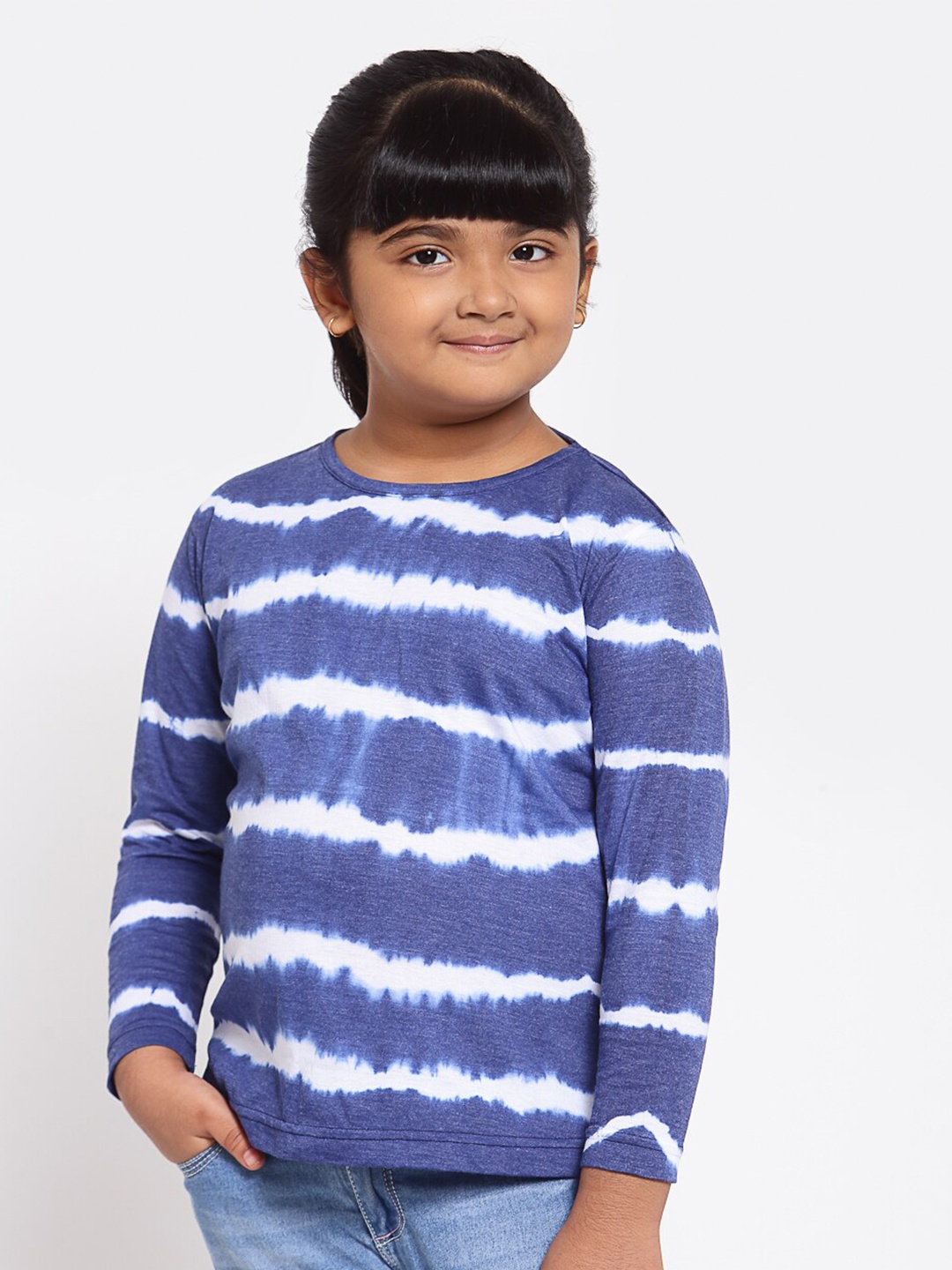 

NYNSH Girls Blue White Tie and Dye Dyed Pure Cotton T-shirt
