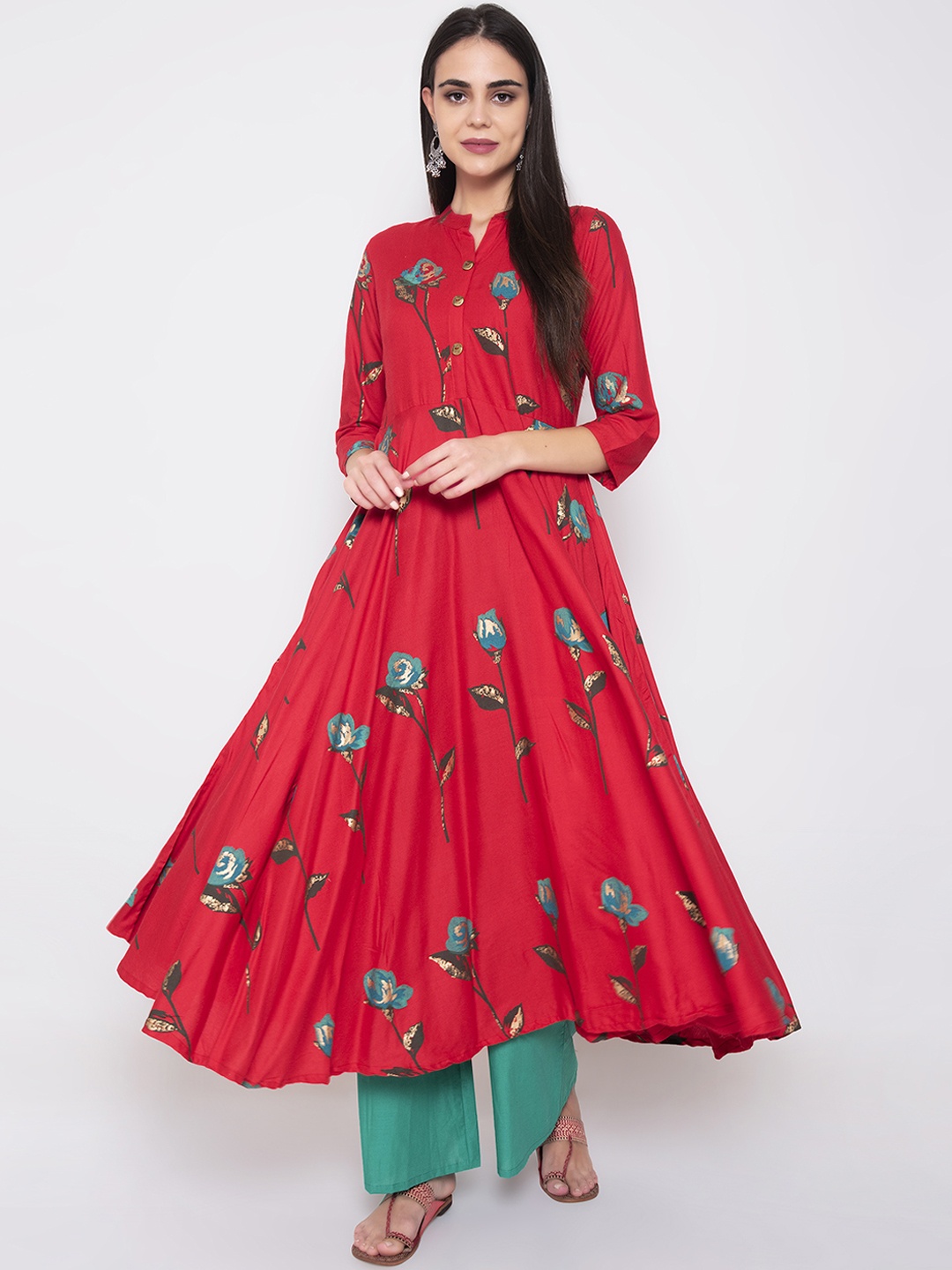 

Wodreams Women Red & Green Floral Block Printed Anarkali Kurta