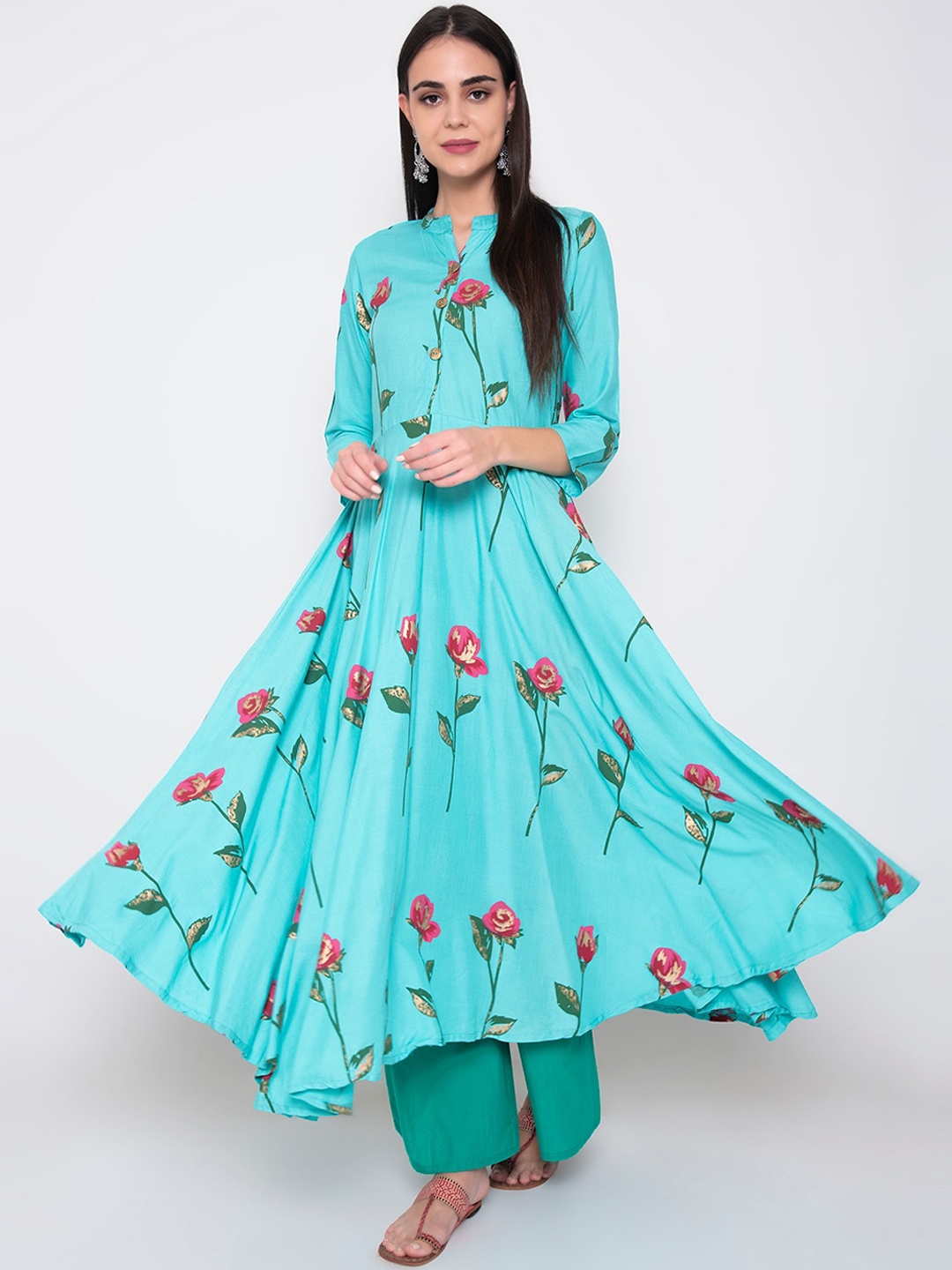 

Wodreams Women Blue Printed Mirror Work Block Print Anarkali Kurta