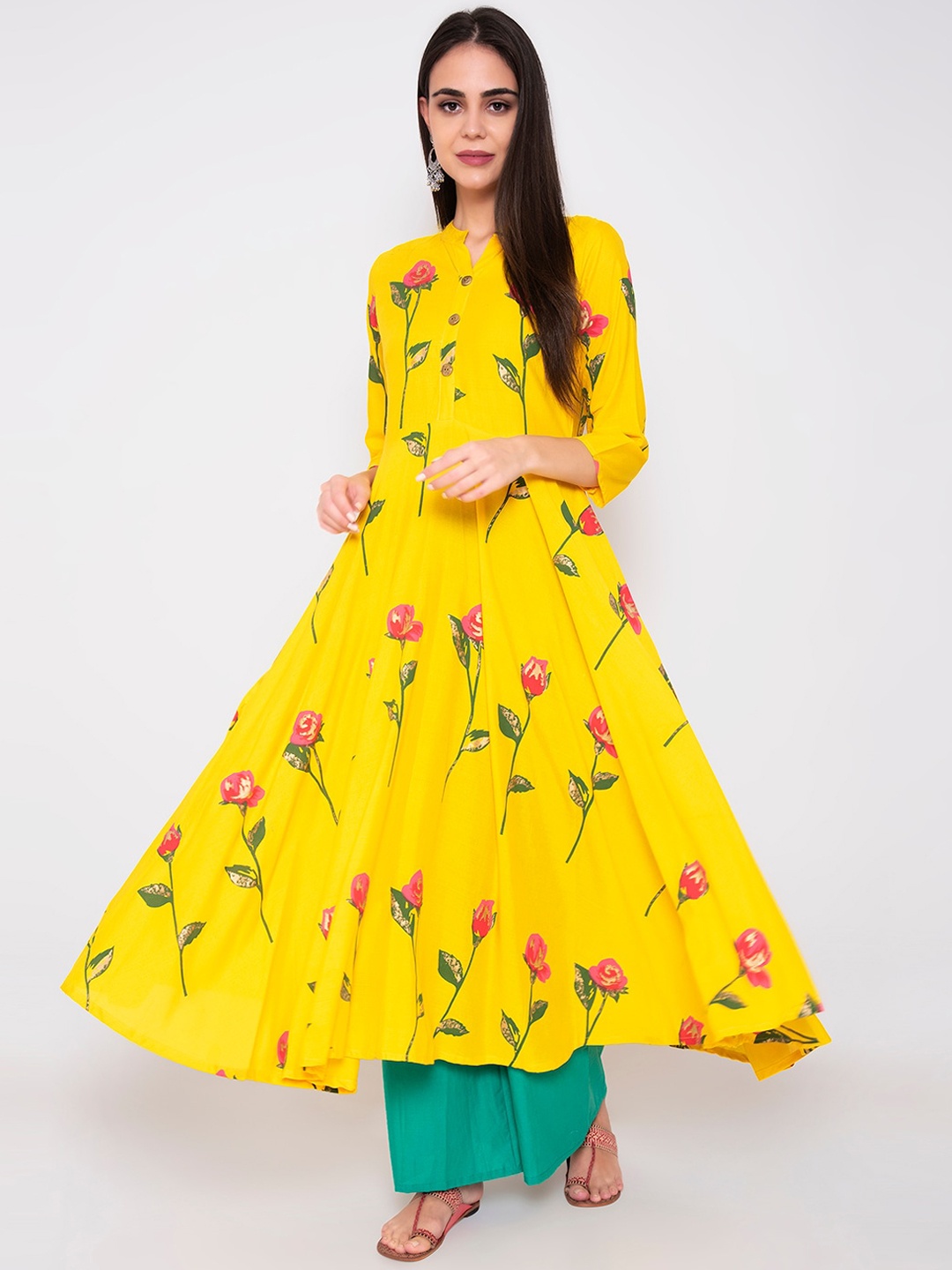 

Wodreams Women Yellow & Pink Floral Printed Block Print Anarkali Kurta
