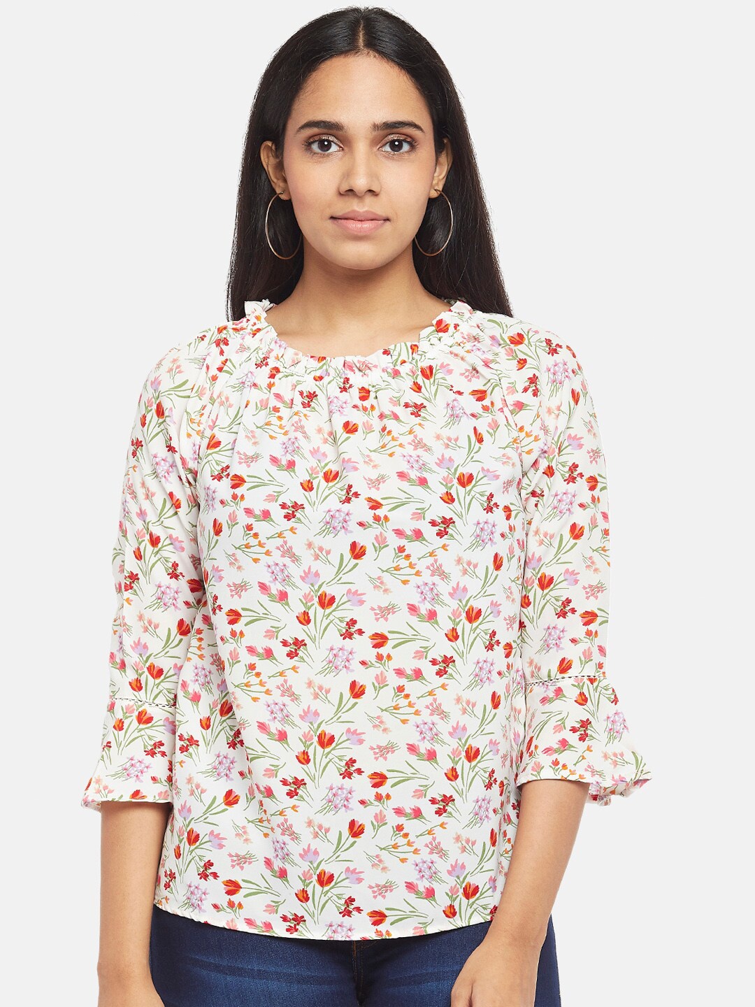 

Honey by Pantaloons White & Red Floral Regular Top