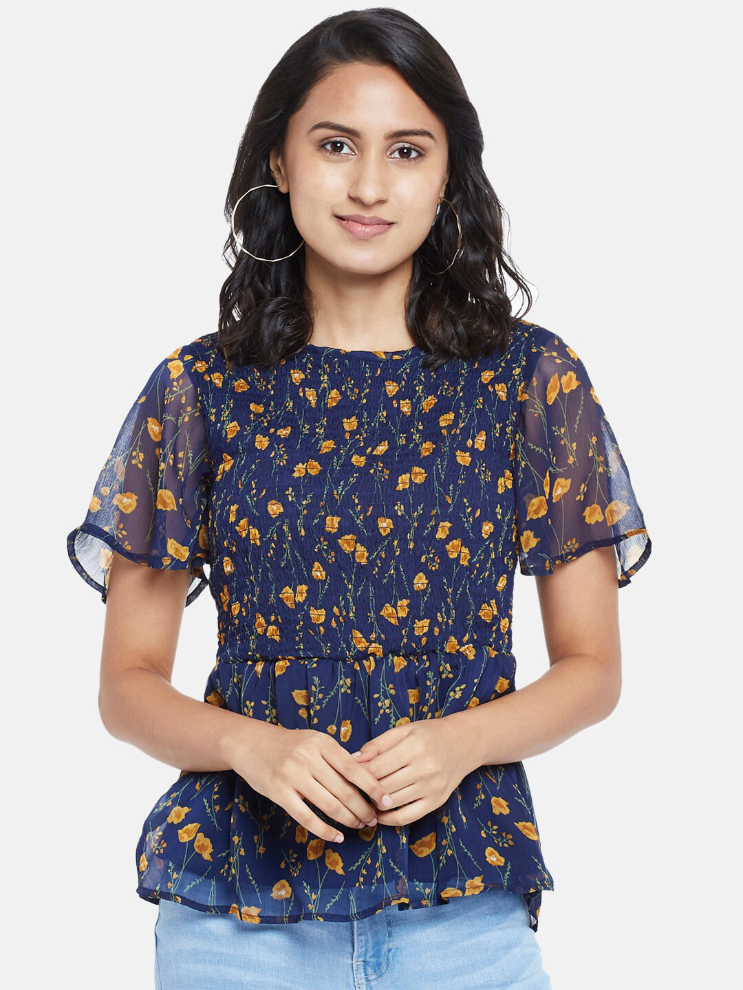 

Honey by Pantaloons Navy Blue Floral Pure Cotton Regular Top