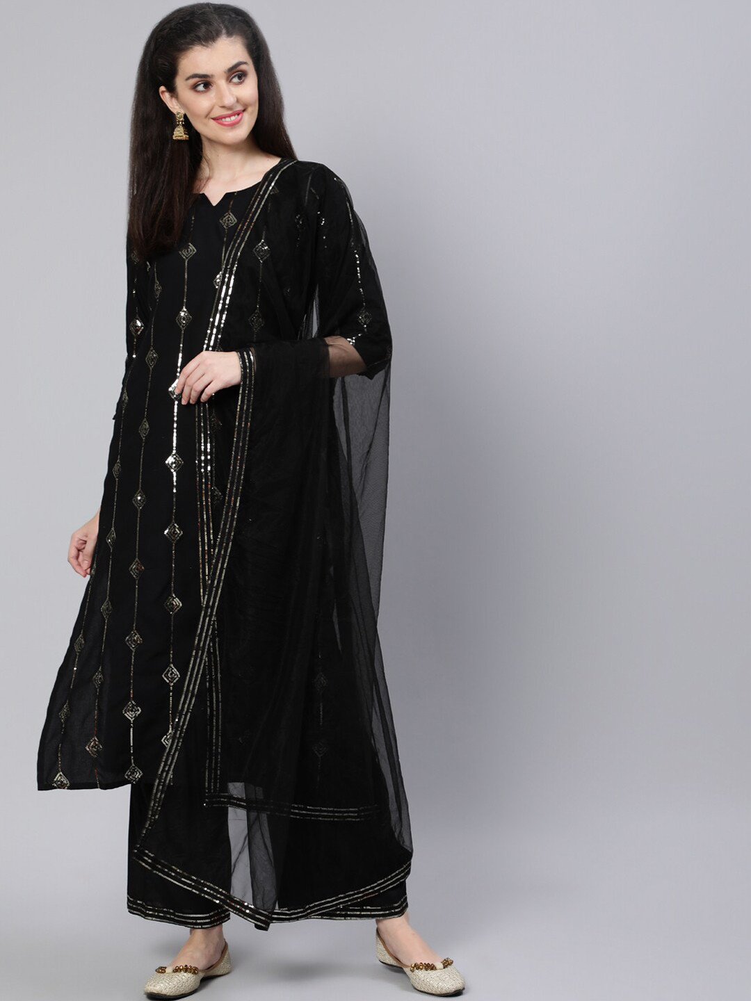 

Nayo Women Black Sequinned Straight Kurta with Palazzos & Dupatta