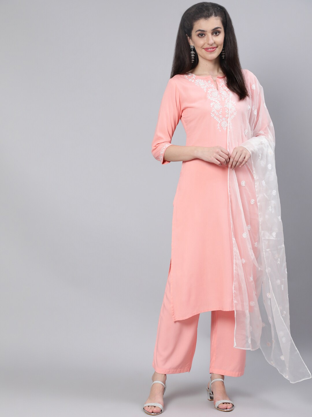 

Nayo Women Pink & White Embroidered Regular Kurta with Trousers & With Dupatta