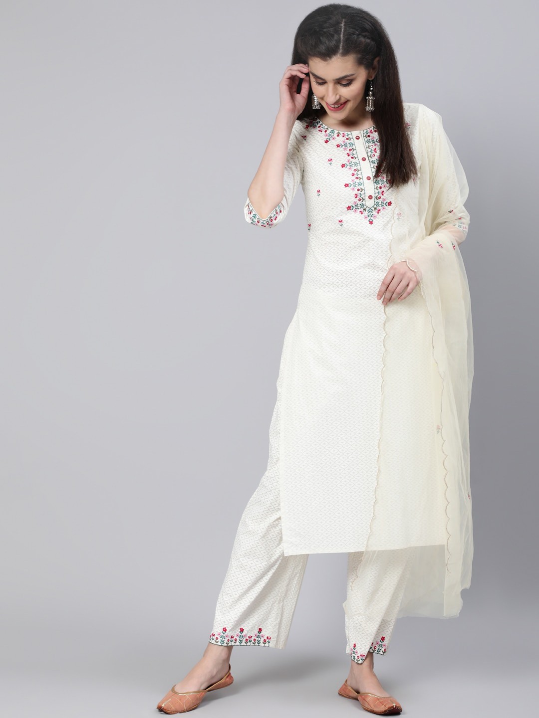 

Nayo Women Cream-Coloured Angrakha Kurta with Palazzos