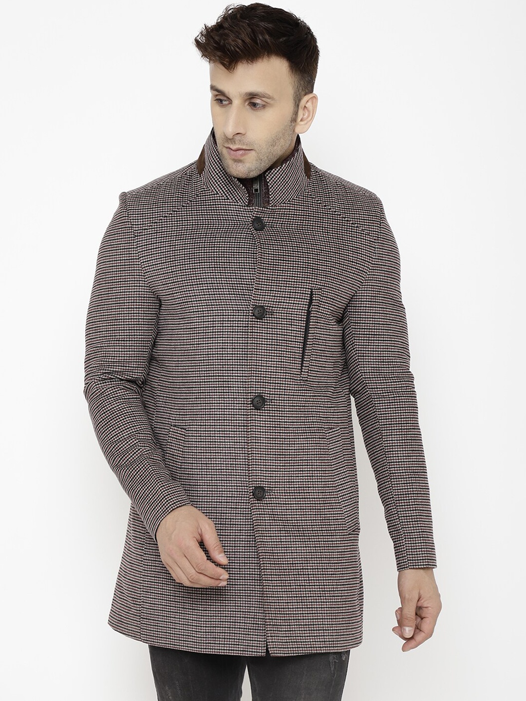 

LURE URBAN Men Maroon & Black Checked Regular-Fit Trench Coat