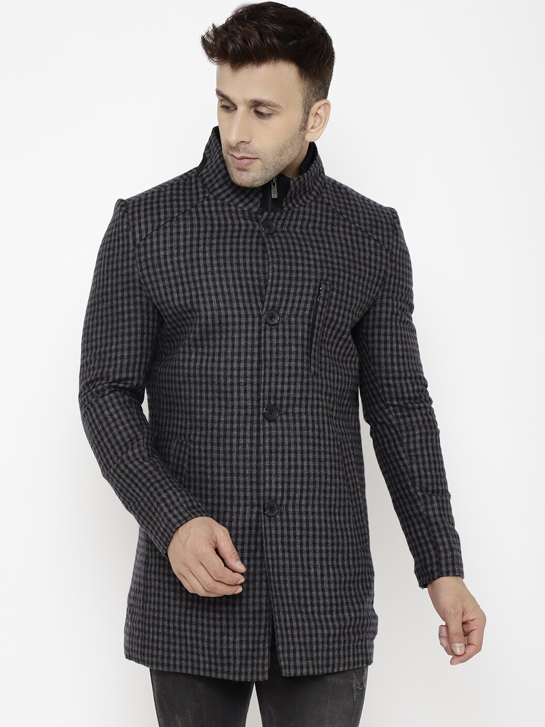 

LURE URBAN Men Navy Blue Checked Woolen Trench Coat