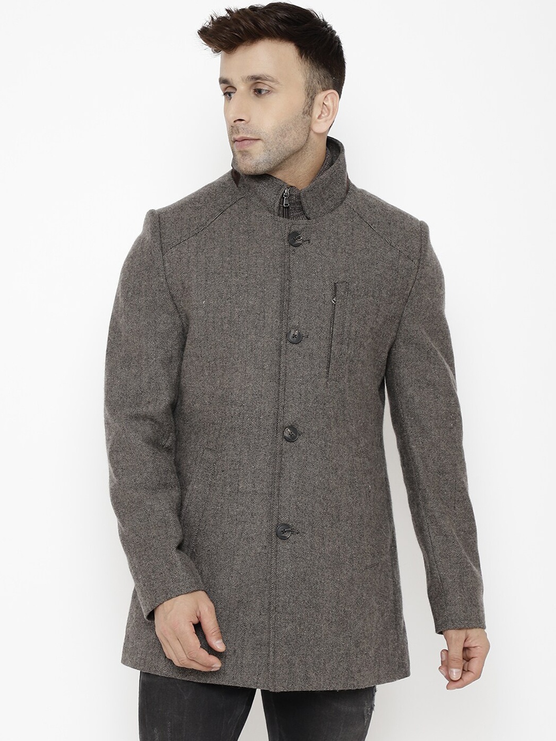 

LURE URBAN Men Grey Solid Woolen Trench Coat