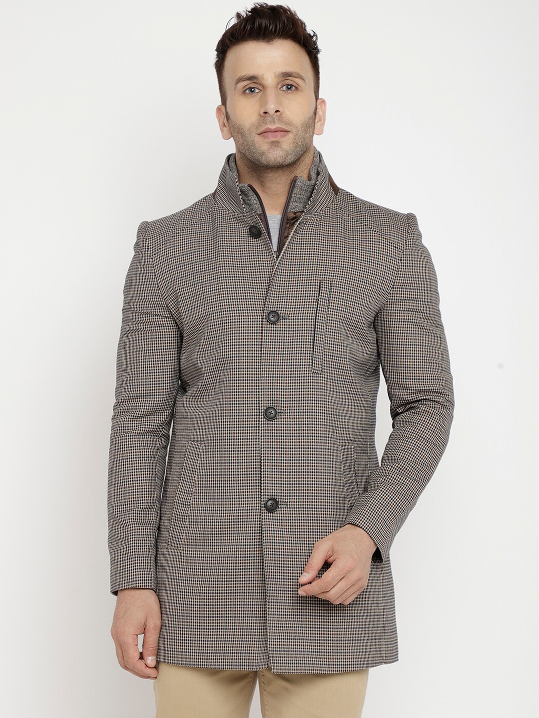 

LURE URBAN Men Navy Blue & White Checked Woolen Trench Coat