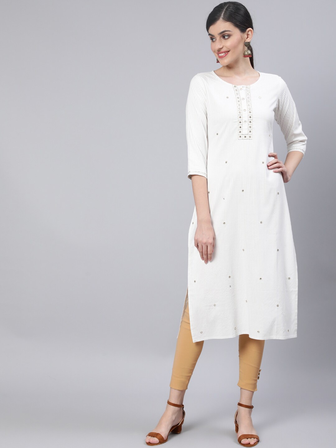 

Nayo Women Off White Striped Thread Work Kurta