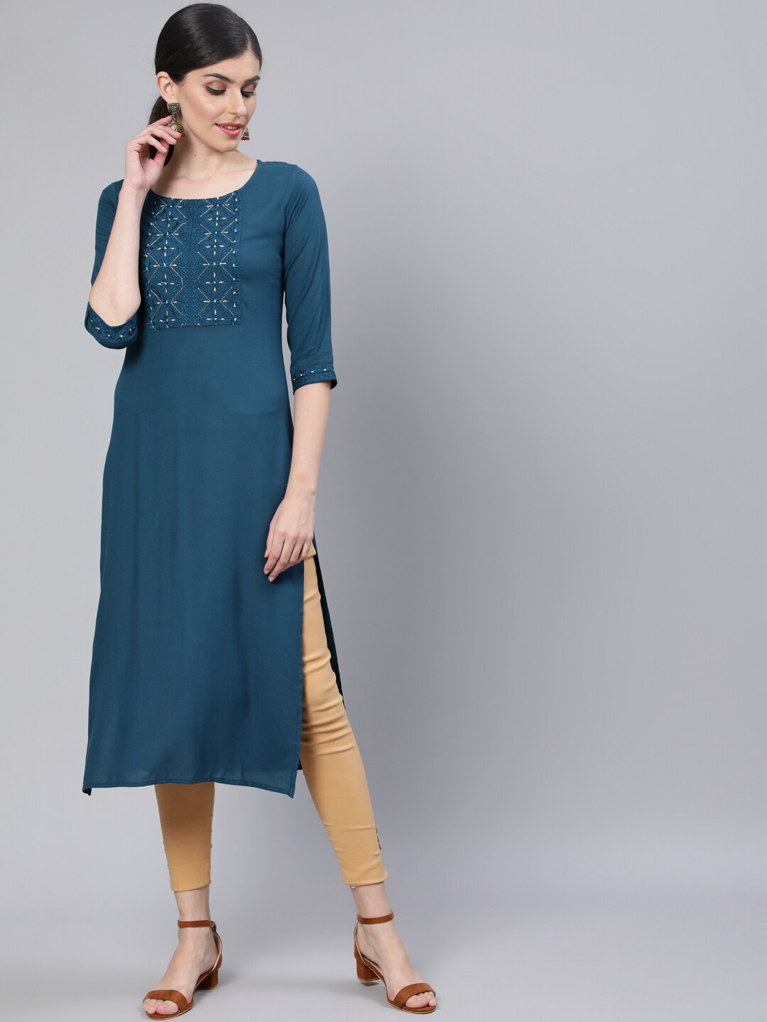 

Nayo Women Teal Blue Embroidered Kurta