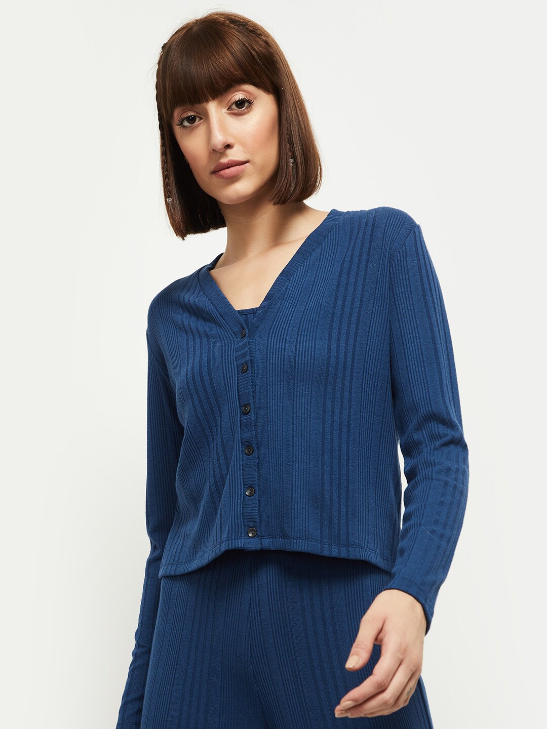 

max Women Blue Ribbed Cardigan