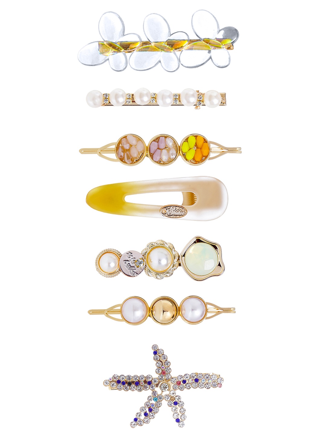 

Yellow Chimes Women White & Yellow Set of 7 Embellished Hair Accessory Set