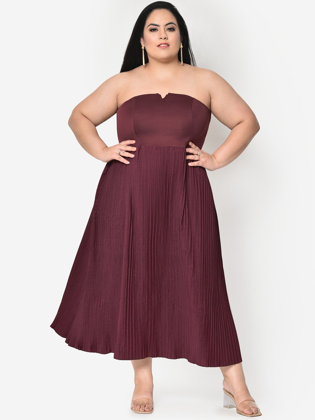

wild U Plus Size Maroon Off-Shoulder Pleated Maxi Dress