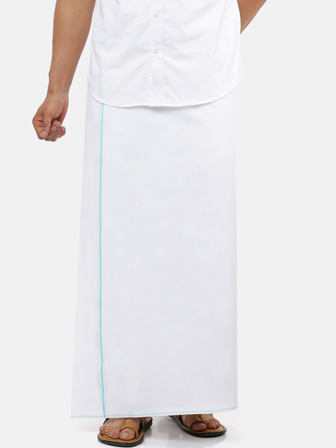 

Ramraj Men Pure Cotton Double Layer White Solid Dhoti with Light Blue border