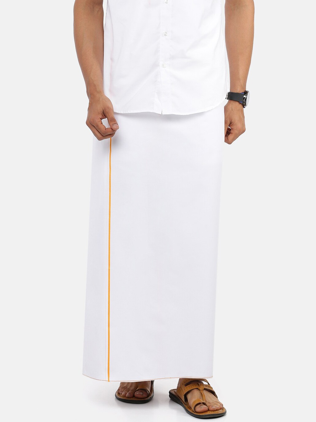 

Ramraj Men Pure Cotton Double Layer White Solid Dhoti with Brown border