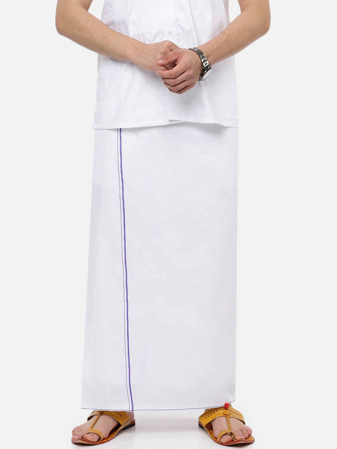 

Ramraj Men Pure Cotton Single Layer White Solid Dhoti with Violet border