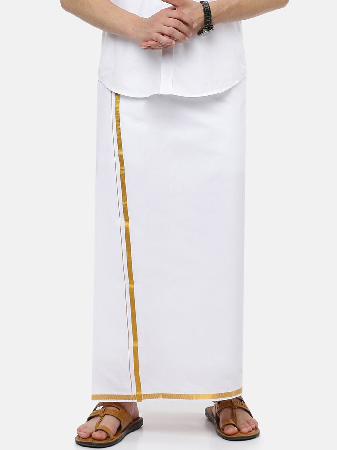 

Ramraj Men Pure Cotton Single layer White Dhoti with Gold jari border