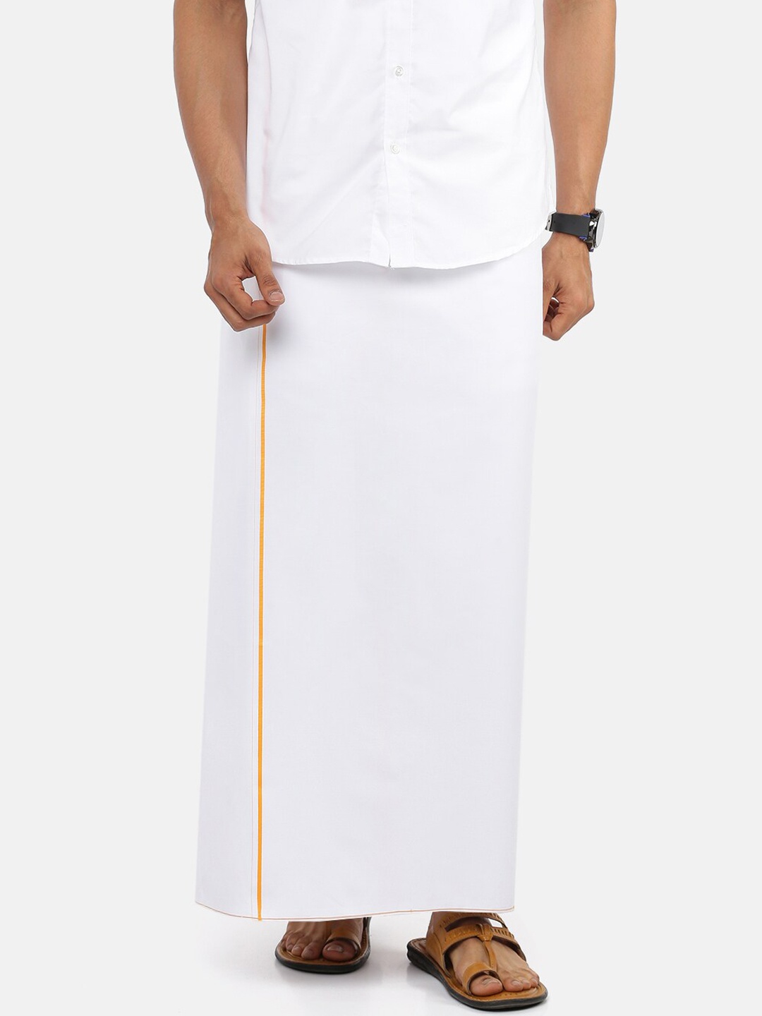 

Ramraj Men White Solid & Yellow Border Pure Cotton Dhoti